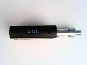 With the unit in e-juice mode, the display shows the current wattage. If it were in dry herb mode, it would show chamber temp.