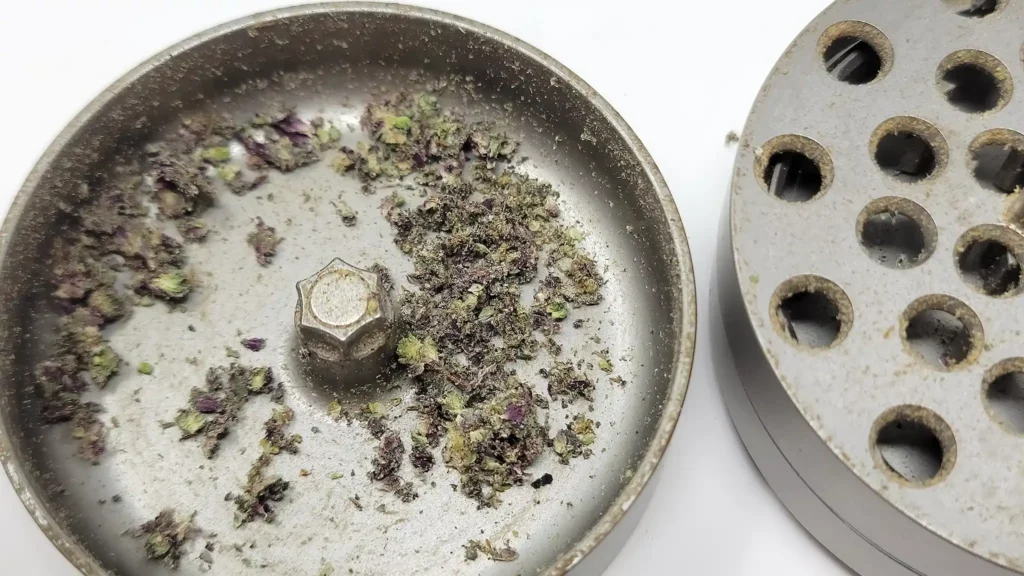 Coarse ground cannabis in the Brilliant Cut grinder