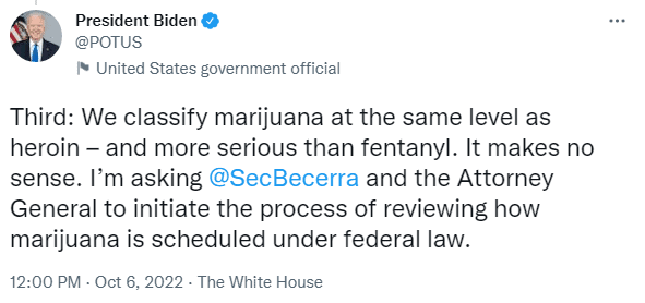 Biden Tweet: declassify Cannabis Schedule 1