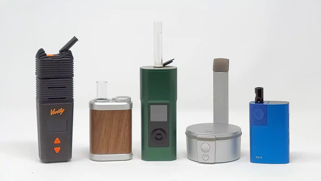 The five best portable dry herb vaporizers in a lineup - Venty, Tinymight, Solo 3 v2, Bowle, Potv Lobo