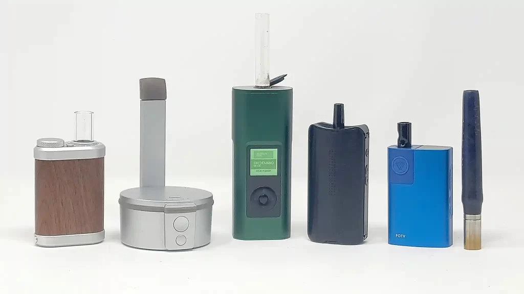 The five hardest hitting portable vapes presented left to right. Tinymight 2, Tafee Bowle 2, Arizer Solo 3, Davinci IQ3, PotV Lobo, MGVS Stunner