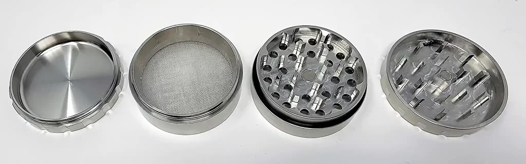 Odin stainless steel grinder is four pieces that thread together