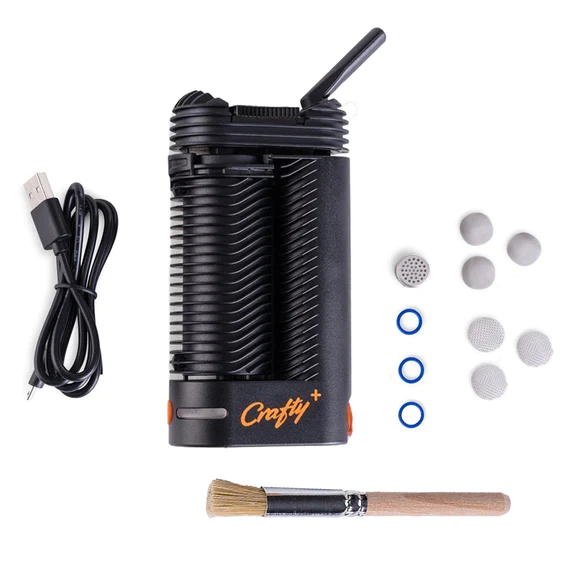What's included with the Crafty+ vaporizer: the vape, charging caple, brush, o-rings, extra screens