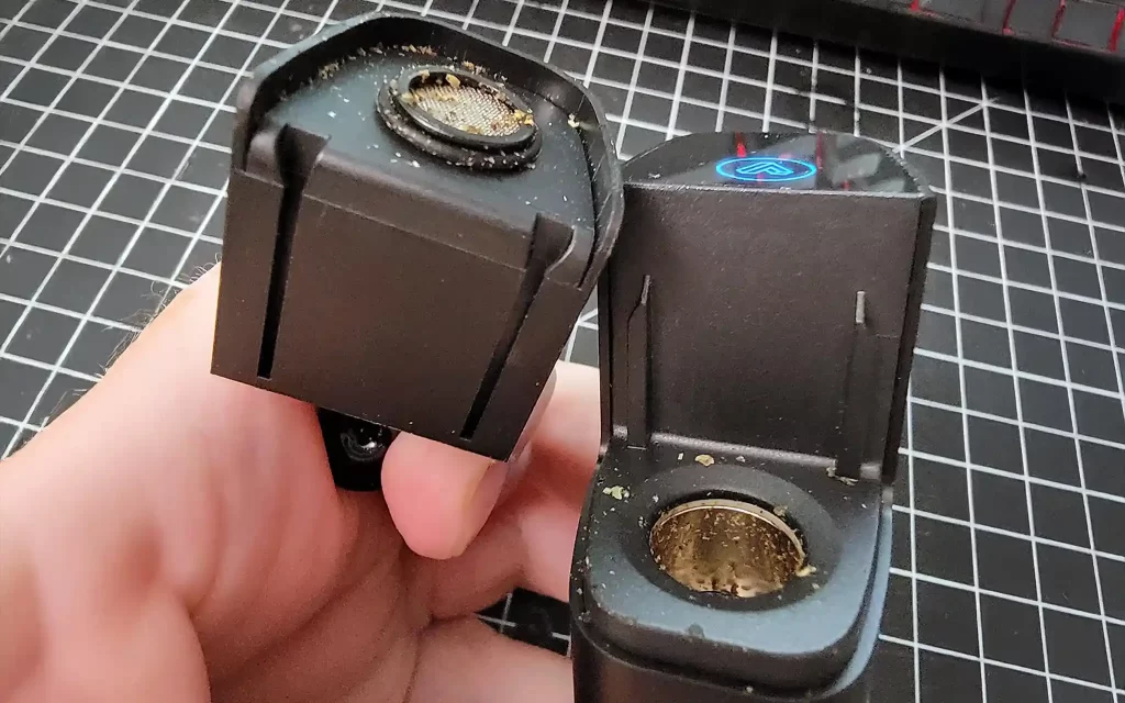 POTV Lobo vaporizer after vaping, with mouthpiece removed and vaped weed exposed