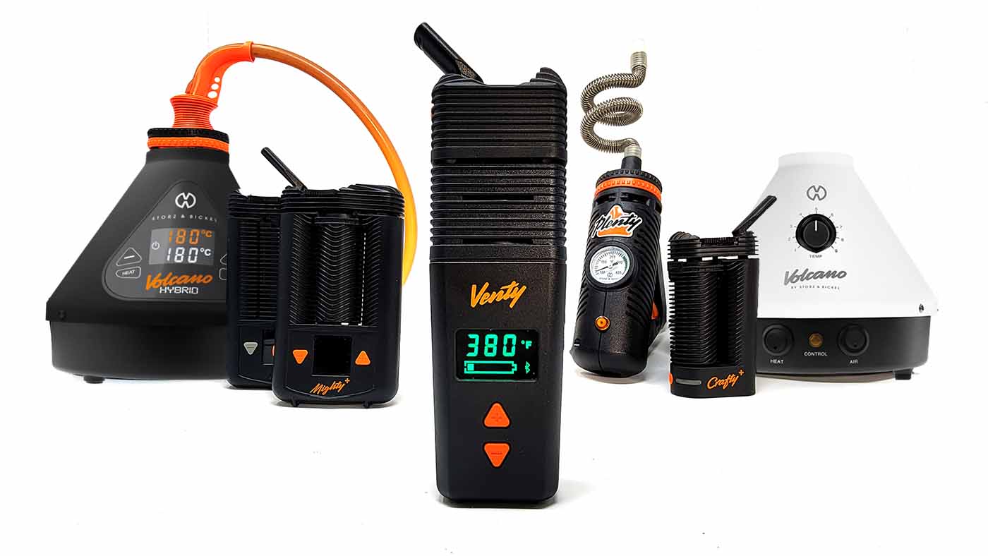 The Venty is the newest portable vaporizer in the Storz & Bickel vape line. Seen here with the Mighty, Crafty, Volcano, and Plenty vaporizers.
