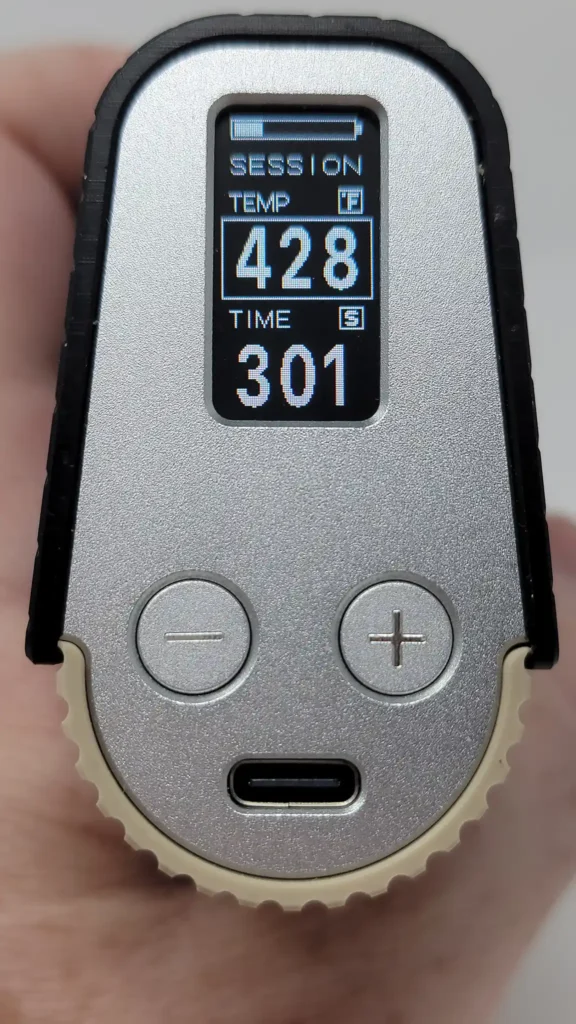 Session mode displays the Frolic's temperature and vape timer on the screen