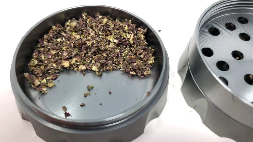 Healthy Rips SHRED 2.25 weed grinder with ground herb in the bottom half