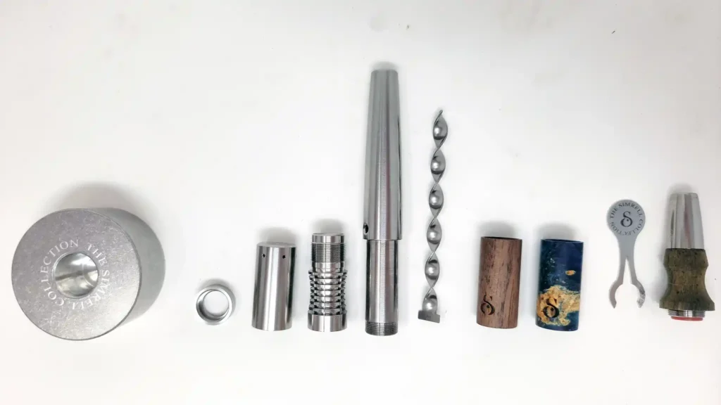 Simrell TED vaporizer taken apart to show its components