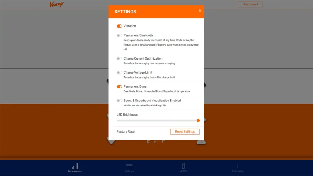 Veazy Vaporizer settings