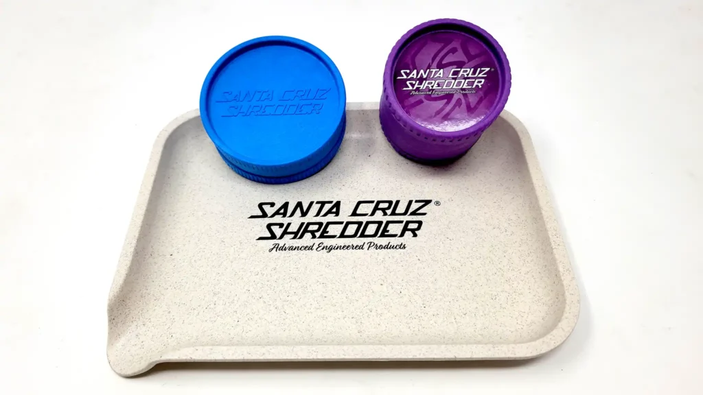 Santa Cruz Shredder hemp-based plastic weed grinders on the new Santa Cruz Shredder rolling tray