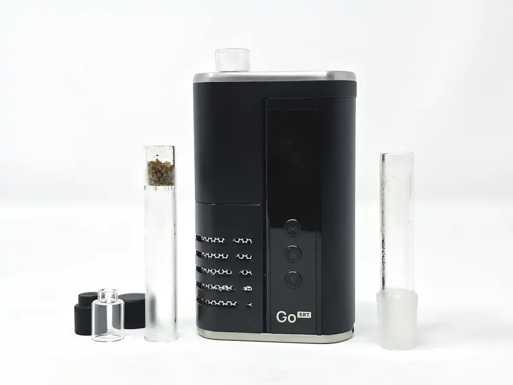 Arizer SRT Go has an all-glass bowl and vapor path, and it comes with a capsule, stem, and water pipe adapter