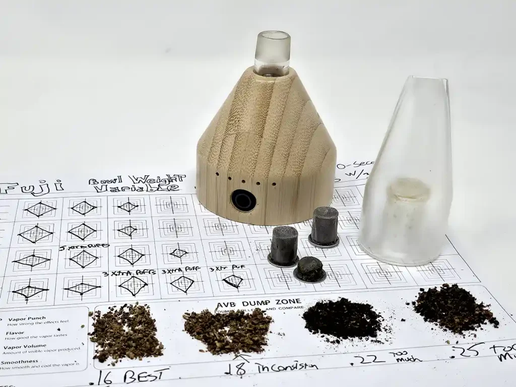 Fuji vaporizer and the vapor testing sheet used to determine ideal bowl size