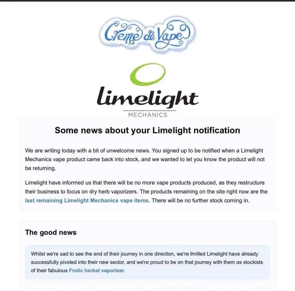 Limelight announcement from Creme de Vape stating Limelight will be focusing on dry herb vaporizers